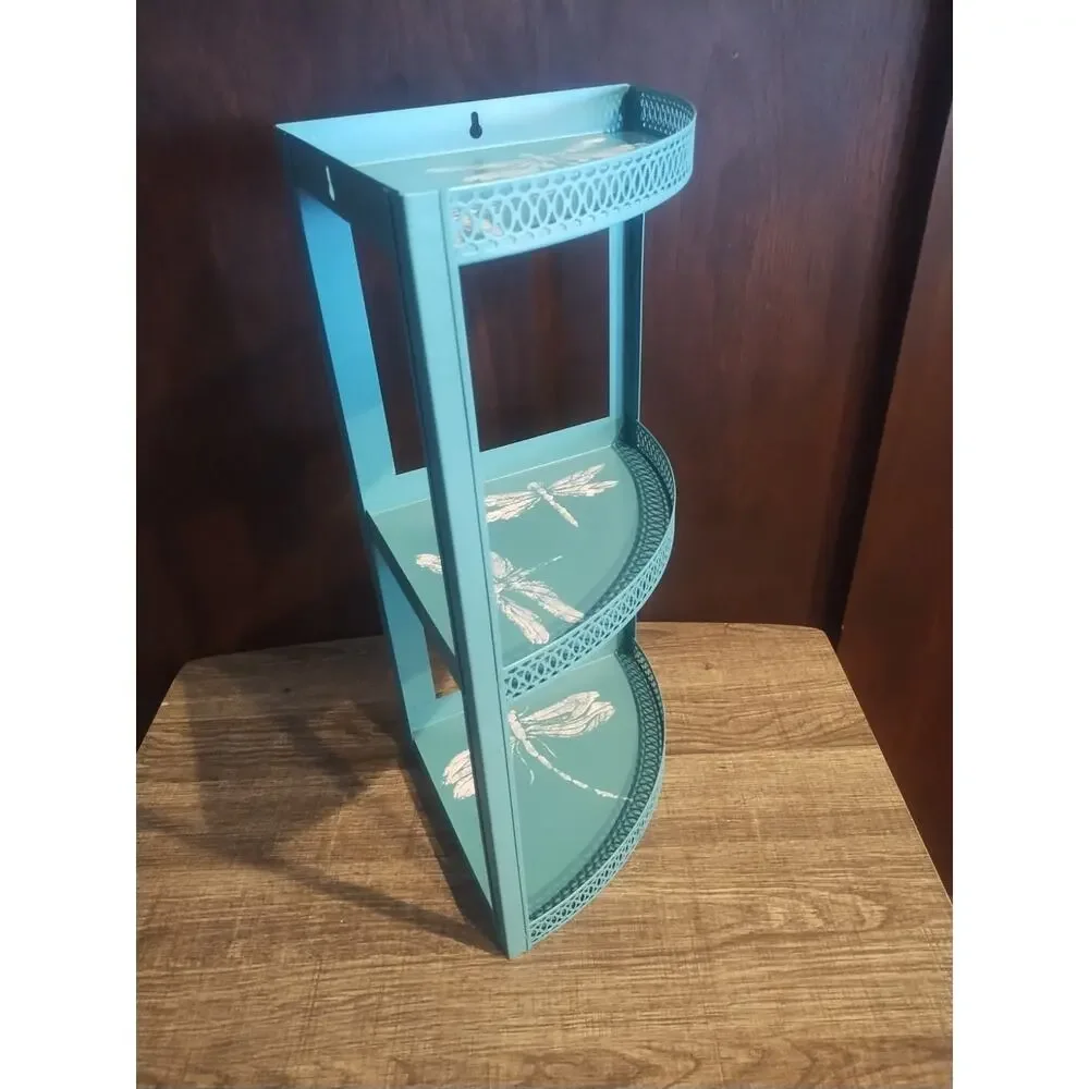 Vtg Metal Mesh Filagree Edge Corner Shelf 3 Tier Wall Hang MCM Blue Perforated